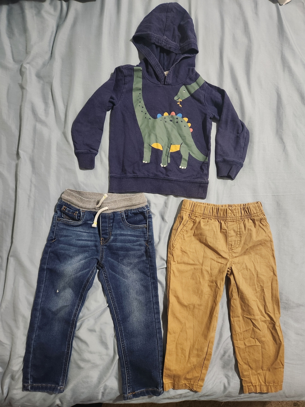 Carter's Navy Hoodie with Green Dinosaur + Blue Jeans and Tan Pants